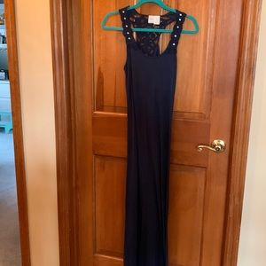 Navy blue maxi dress with lace and rhinestones on straps and back